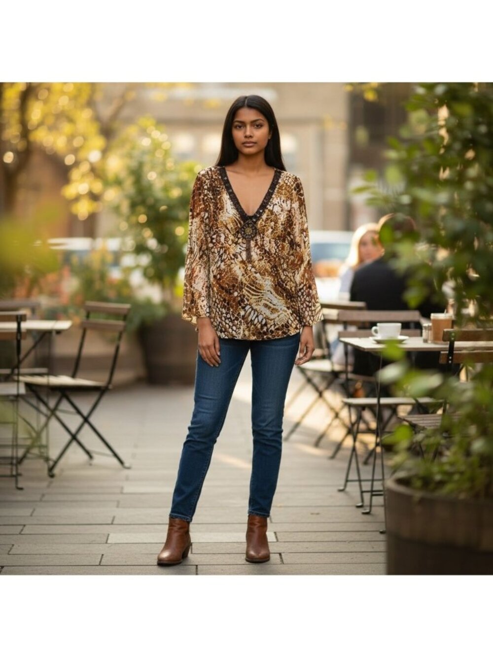 NY Collection Womens Top Medium Out of Africa Medallion Sheer V Neck  2 Pc